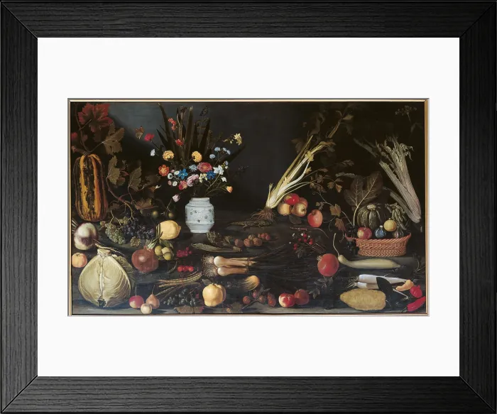 Framed Print : Still Life with Flowers, Fruit and Vegetables and Two Lizards, by Master of Hartford, 1590 - 1600, 16th Century, oil on canvas, cm 105 x 184 - Italy, Lazio, Rome Framed Print : Still Life with Flowers, Fruit and Vegetables and Two Lizards, by Master of Hartford, 1590 - 1600, 16th Century, oil on canvas, cm 105 x 184 - Italy, Lazio, Rome
