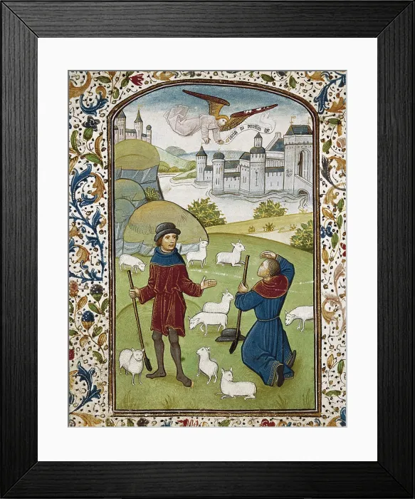 Framed Print : VRELANT, Willem (1410-1481). Book of Hours of Leonor de la Vega. 1465 - 1470. The Annunciation to the Shepherds. Flemish art. Miniature Painting. PORTUGAL. Coimbra