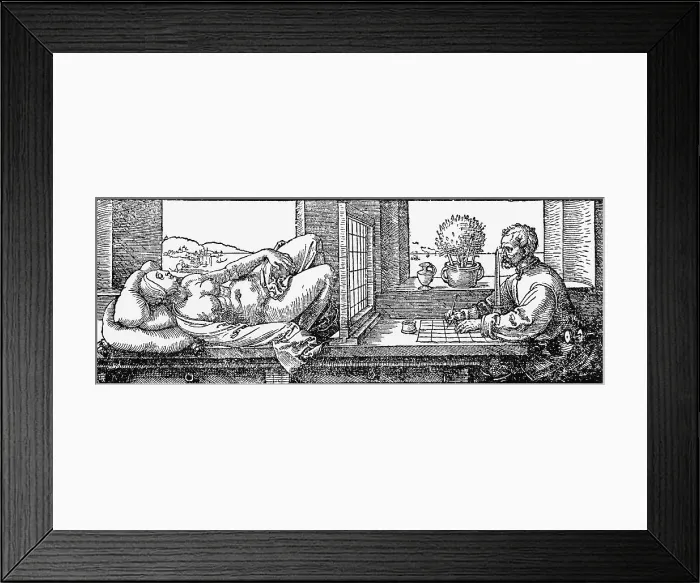 Framed Print : Draftsman drawing a reclining nude viewed through a screen to assist the exact depiction of his field of vision. Woodcut made by German Renaissance artist, Albrecht Durer in 1525