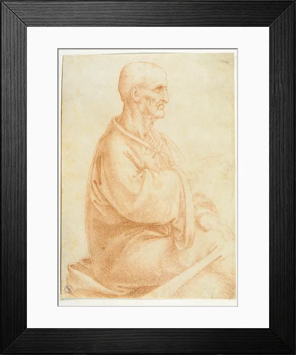 Framed Print : View of an old man seated, by apprentice of Leonardo da Vinci, 15th Century, 1495 about, blood on white paper, mm 180 x 130 - Italy, Piemonte, Turin, Royal Library, Dis. Cart