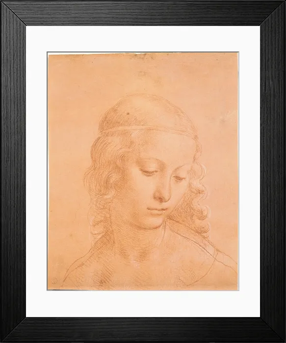 Framed Print : Head of a Young Woman, by apprentice of Leonardo da Vinci, 16th Century, 1508 -1510 about, blood with white lead highlights on red paper prepared, mm 222 x 175 - Italy, Piemonte