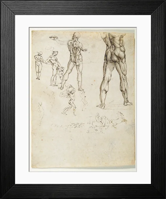 Framed Print : Figure studies and nudes for the Battle of Anghiari, by Leonardo da Vinci, 16th Century, 1505 about, traces of black chalk and pen, mm 254 x 197 - Italy, Piemonte, Turin