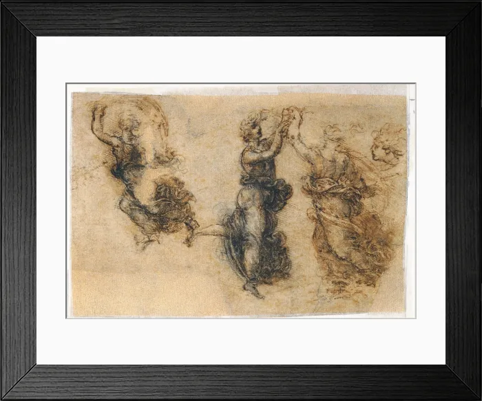 Framed Print : Study of dancing figures, by Leonardo da Vinci, 16th Century, 1515 -1515 about, pen and brush on a thin black traces in pencil, brown ink, cm 98 x 149 - Italy, Veneto, Venice