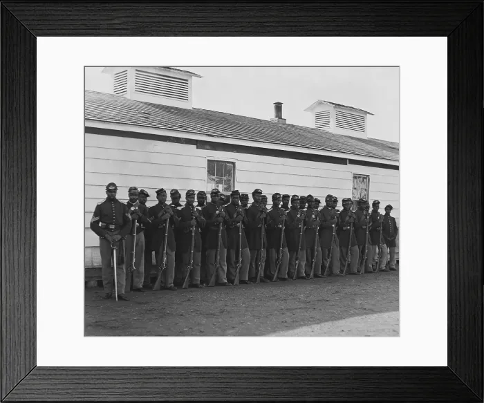 Framed Print : Company E, 4th U.S. Colored Infantry, were part of the defending forces of Washington, D.C. Photo shows two rows of African Americans holding rifles at Fort Lincoln in 1864 Framed Print : Company E, 4th U.S. Colored Infantry, were part of the defending forces of Washington, D.C. Photo shows two rows of African Americans holding rifles at Fort Lincoln in 1864
