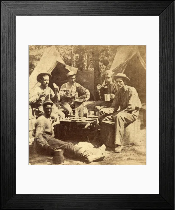 Framed Print : Relaxed scene of soldiers from the Army of the Potomac eat their meal in the company of an African American Framed Print : Relaxed scene of soldiers from the Army of the Potomac eat their meal in the company of an African American