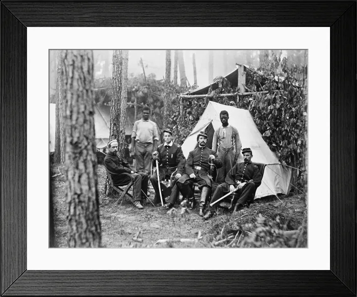 Framed Print : Four union officers in front of tent, with two Africans-American during the Petersburg Campaign of the last year of the war Framed Print : Four union officers in front of tent, with two Africans-American during the Petersburg Campaign of the last year of the war