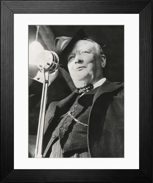 Framed Print : Former Premier Winston Churchill broadcasting a radio message during the British general elections. Aug. 16, 1947. - (BSLOC_2014_17_49) Framed Print : Former Premier Winston Churchill broadcasting a radio message during the British general elections. Aug. 16, 1947. - (BSLOC_2014_17_49)