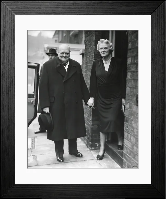 Framed Print : Wartime Prime Minister, Winston Churchill, with his wife Clementine on his 73rd Birthday. The leader of the Conservative Opposition Party, is at his London home. Nov. 30, 1947