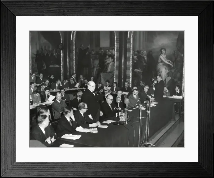 Framed Print : Former Premier Winston Churchill speaking at the opening of the European International Congress. Feb. 26, 1949. At the Bourse (Stock Exchange) of Brussels, Belgium