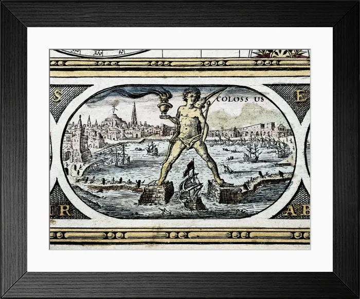 Framed Print : BLAEU, Willem Janszoon (1571-1638); BLAEU, Jan (1596-1673). Atlas Novus or Atlas Maior. 1635 - 1665. Colossus of Rhodes, one of the Seven Wonders of the Ancient World. Etching