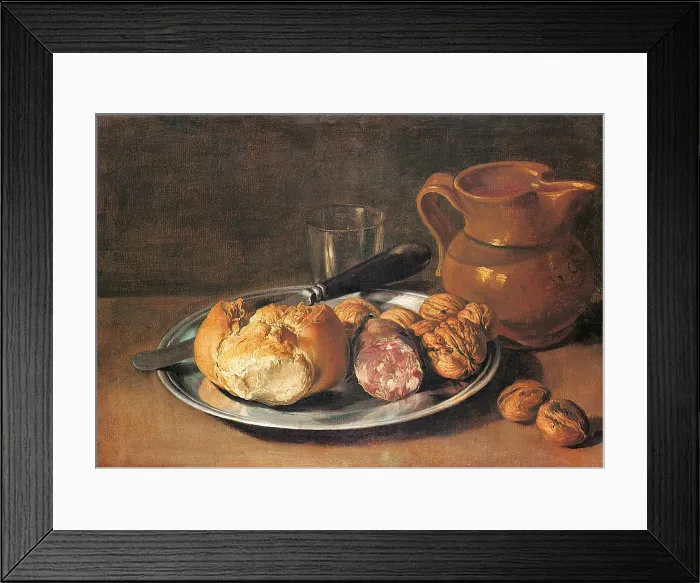 Framed Print : Still life with Pewter Plate, Knife, Loaf, Salami, Nuts, Glass and a Jug of Red Wine, by Giacomo Ceruti know as Pitocchetto, 1750 about, 18th Century
