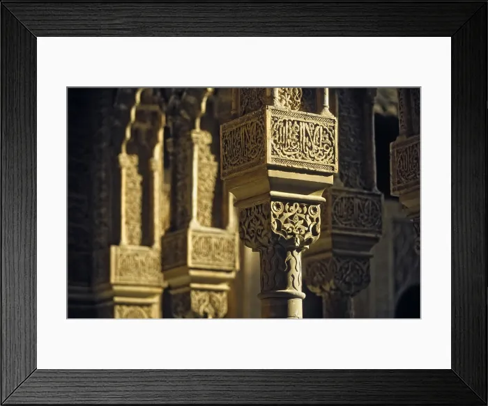 Framed Print : SPAIN. Granada. Alhambra. Alhambra, Nazari Palace. Court of the Lions, build in 1377 by Mohamed V. View of the fountain. Detail of the capitals of the north corridor Framed Print : SPAIN. Granada. Alhambra. Alhambra, Nazari Palace. Court of the Lions, build in 1377 by Mohamed V. View of the fountain. Detail of the capitals of the north corridor