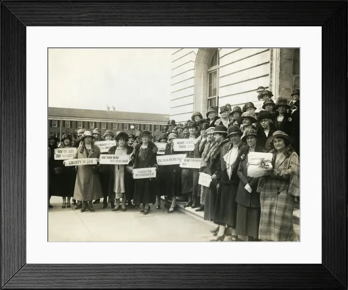 Framed Print : Women Suffragettes holding placards with political activist slogans in 1920 Framed Print : Women Suffragettes holding placards with political activist slogans in 1920