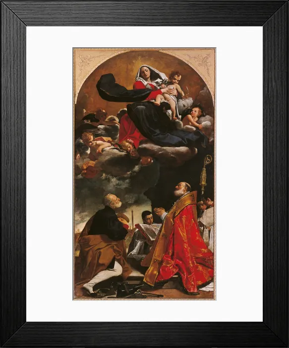 Framed Print : Madonna and Child with Sts Petronius and Eligius, by Giacomo Cavedoni (or Cavedone), 1614, 17th Century, oil on canvas, cm 398 x 226 - Italy, Emilia Romagna, Bologna