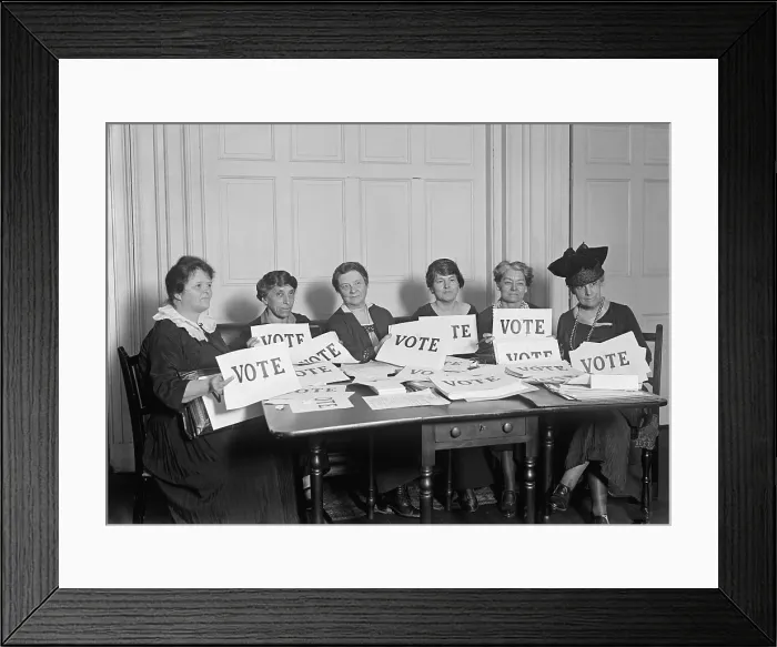 Framed Print : National League of Women Voters hold up signs reading, VOTE, Sept. 17, 1924. Millions of women voted in 1920 and 1924, but in a lower proportion than men