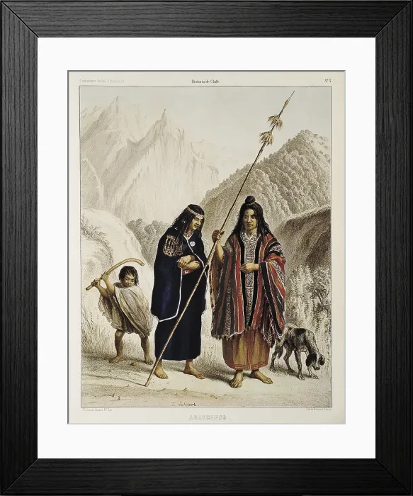 Framed Print : Araucanos (Araucanians), people of Valparaiso, Chile. Illustration of 'Atlas de la historia fisica y politica de Chile' by Claudio Gay, 1854. Engraving. - J