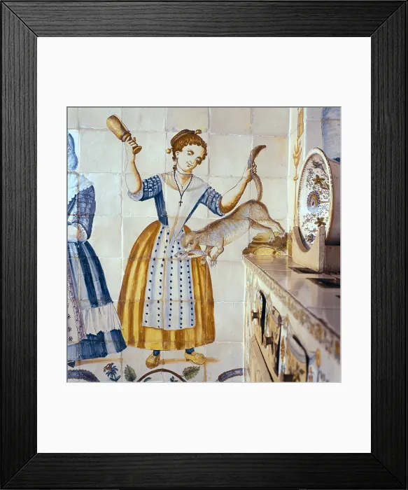 Framed Print : Valencian kitchen tile with scenes of daily life. A woman chasing a cat carrying a fish, 19th c. Costumbrism. ; Early Modern Era. Ceramics. SPAIN. Madrid