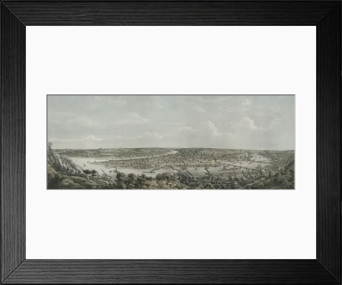 Framed Print : Bird's-eye view of Pittsburgh at the confluence of the Monongahela, in the foreground