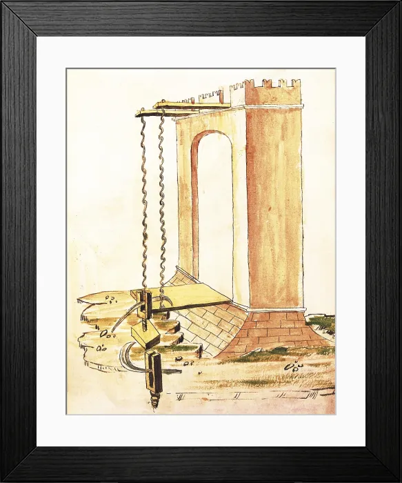 Framed Print : VALTURIO, Roberto (1405-1475). De re militari. 1446 - 1455. Military engineering treaty. Project for Drawbridge. 1470 edition. Miniature Painting; Watercolour. ITALY. Naples