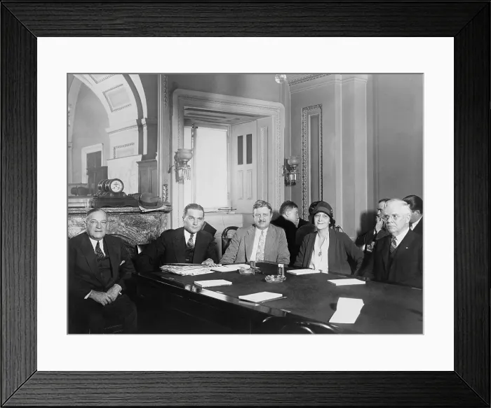 Framed Print : Congresswomen Ruth Hanna McCormick in a meeting of the Nye Committee, May 1, 1930. L-R: Senators Wagner, Nye, and Dill, Rep. McCormick, and Sen. Deneen