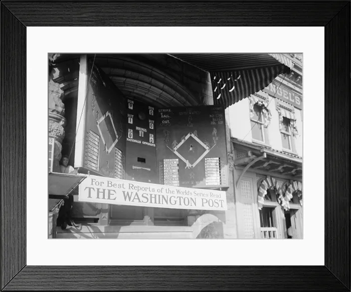 Framed Print : Washington Post sponsored scoreboard to report the action of the 1912 World Series between the Boston Red Sox and New York Giants in the years before broadcast radio Framed Print : Washington Post sponsored scoreboard to report the action of the 1912 World Series between the Boston Red Sox and New York Giants in the years before broadcast radio