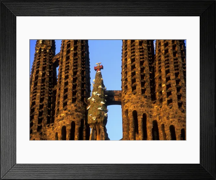 Framed Print : SPAIN. Barcelona. Expiatory Church of the Holy Family. Sagrada Familia. Nativity Facade. Cypress tree sculpture between bell towers. Modernism. Architecture