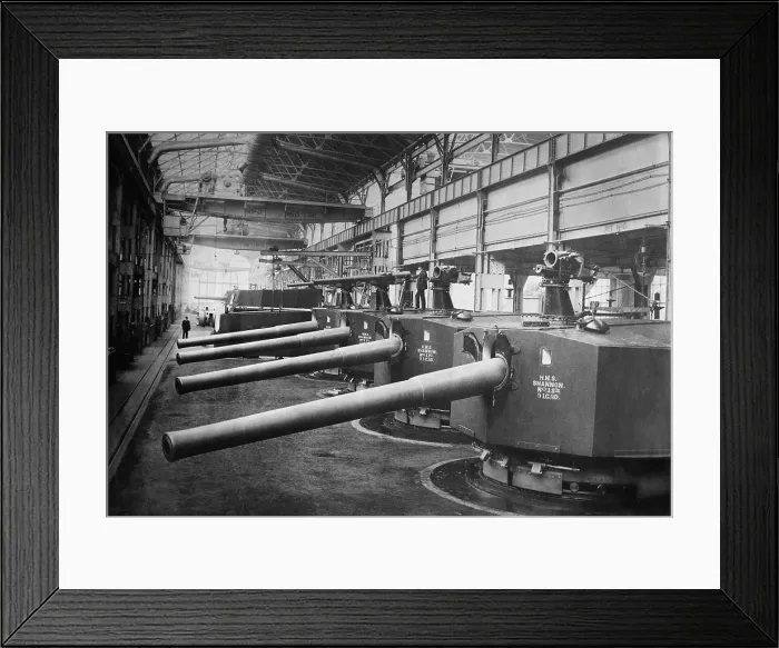 Framed Print : Big guns (7.5 inch naval gun turrets with 12 pounder anti-torpedo guns on top) of the HMS Shannon, an armored cruiser of the Royal Navy (1906-1922) in the Vickers Works at Barrow