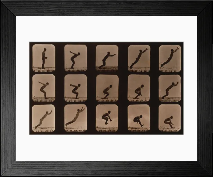 Framed Print : Consecutive images of a man leaping. From Eadweard Muybridge's, THE ATTITUDES OF ANIMALS IN MOTION, 1881 Framed Print : Consecutive images of a man leaping. From Eadweard Muybridge's, THE ATTITUDES OF ANIMALS IN MOTION, 1881