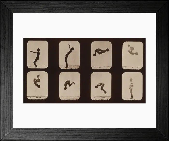 Framed Print : Consecutive images of a man doing a back somersault. From Eadweard Muybridge's, THE ATTITUDES OF ANIMALS IN MOTION, 1881 Framed Print : Consecutive images of a man doing a back somersault. From Eadweard Muybridge's, THE ATTITUDES OF ANIMALS IN MOTION, 1881