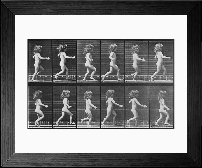Framed Print : Consecutive images of a little nude girl running. From Eadweard Muybridge's, ANIMAL LOCOMOTION, 1887 Framed Print : Consecutive images of a little nude girl running. From Eadweard Muybridge's, ANIMAL LOCOMOTION, 1887