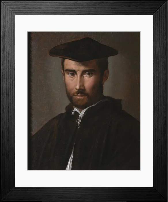 Framed Print : Portrait of a Man (Portrait of a Clergyman), by Mazzola Francesco known as Parmigianino, 16th Century, 1526 about, oil on panel, cm 52 x 42 - Italy, Lazio, Rome, Borghese Gallery