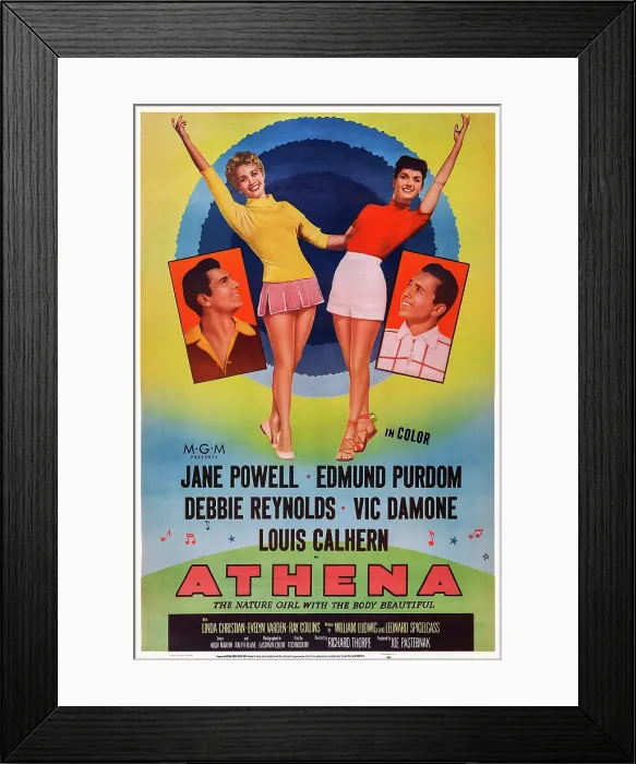 Framed Print : ATHENA, US poster art, from left: Edmund Purdom, Jane Powell, Debbie Reynolds, Vic Damone, 1954 Framed Print : ATHENA, US poster art, from left: Edmund Purdom, Jane Powell, Debbie Reynolds, Vic Damone, 1954