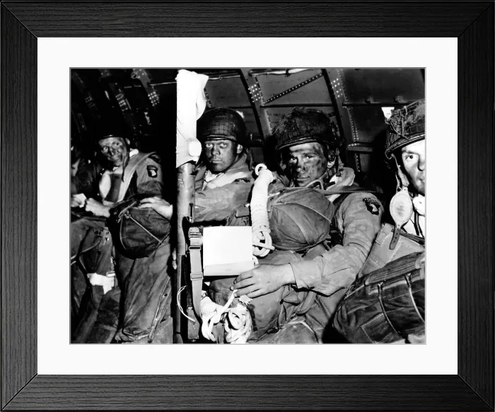 Framed Print : U.S. paratroopers with blackened faces in a C-47 transport aircraft on D-Day. They jumped behind the Normandy beaches to disrupt German resistance. June 5, 1944, World War 2