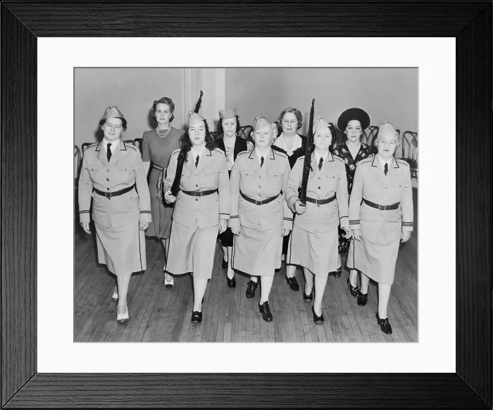Framed Print : Women in a Civil Defense unit in drill practice Newark, N.J. in 1940. Molly Pitcher Brigade was formed a year before the U.S. entered World War 2. (BSLOC_2013_14_96)