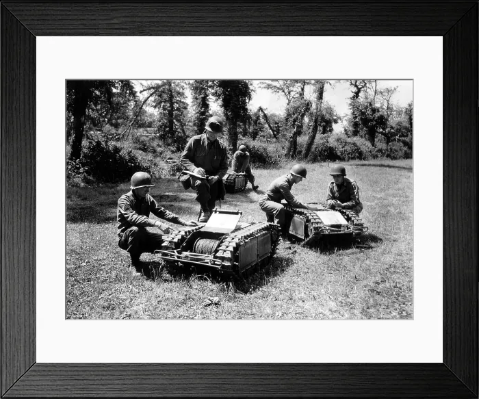 Framed Print : U.S. soldiers inspect German tactical mini-tracked vehicles. The robots carried bombs toward invading Allied troops on D-Day beaches. June 1944, World War 2. (BSLOC_2014_2_10)