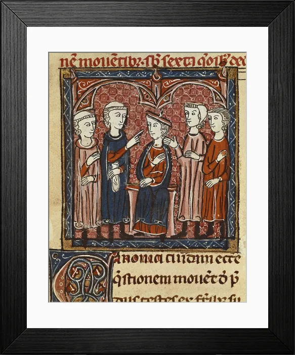 Framed Print : Money agreement. Illustration from 'Decretum Gratiani' ('Gratian's Decree'). Gothic art. Miniature Painting. FRANCE. Laon Framed Print : Money agreement. Illustration from 'Decretum Gratiani' ('Gratian's Decree'). Gothic art. Miniature Painting. FRANCE. Laon