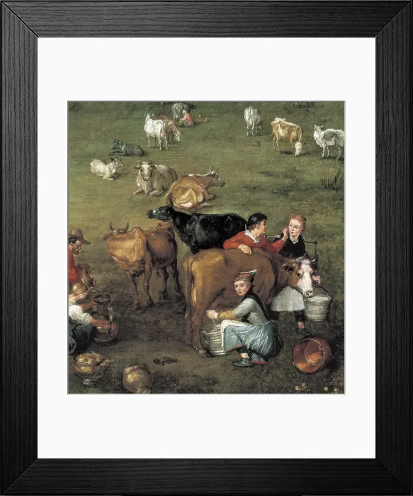 Framed Print : Breugel, Jan, The Elder, called 'Velvet Bruegel' (1568-1625). The Peasant Life. ca. 1617. Lower right-hand detail, milking of the cows. Flemish art. Oil on wood. SPAIN