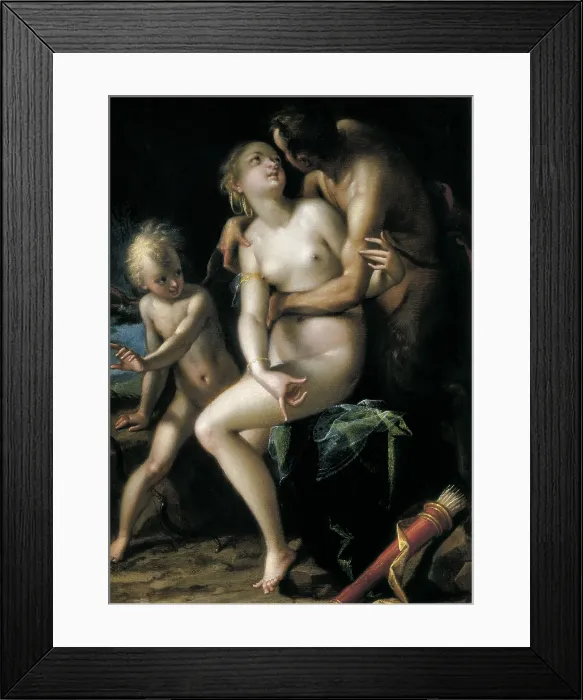 Framed Print : Jupiter, Antiope and Cupid (Jupiter, Antiope und Amor). end 16th c. - 1615. Oil on copper plate. Baroque art. Fresco. AUSTRIA. Vienna