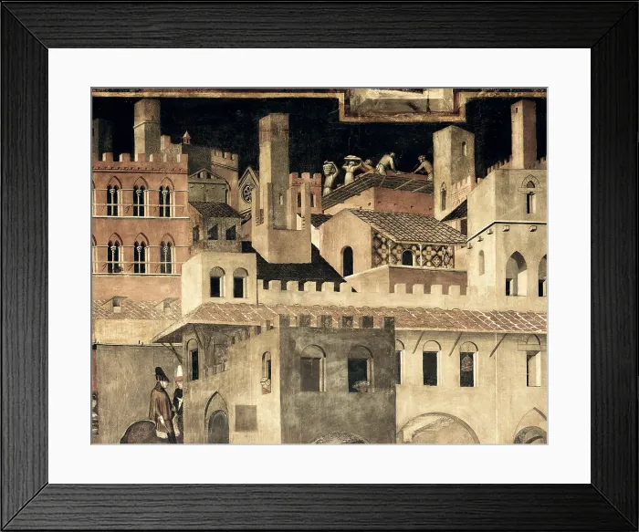 Framed Print : LORENZETTI, Ambrogio (1285-1348). Effects of Good Government on the City Life. First half 14th c. Detail. Renaissance art. Trecento. Fresco. ITALY. Siena. Public Palace