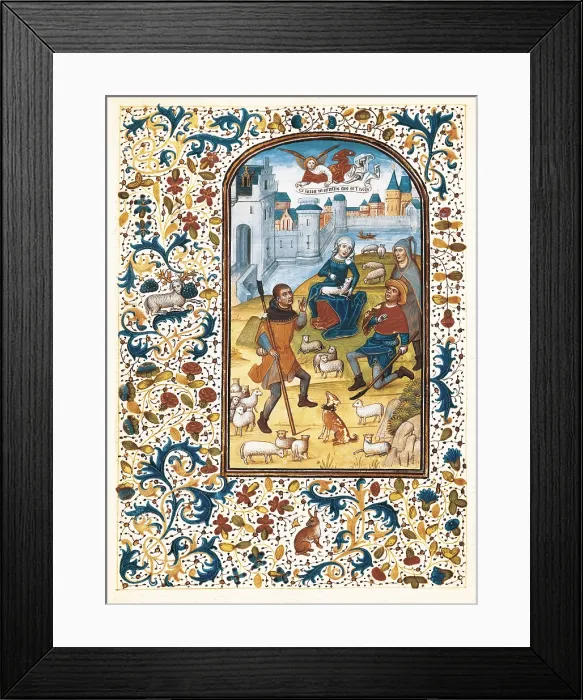 Framed Print : VRELANT, Willem (1410-1481). Book of Hours of Leonor de la Vega. 1465 - 1470. Scene of the Annunciation to the Shepherds. Gothic art. ; Flemish art. Painting; Miniature Painting Framed Print : VRELANT, Willem (1410-1481). Book of Hours of Leonor de la Vega. 1465 - 1470. Scene of the Annunciation to the Shepherds. Gothic art. ; Flemish art. Painting; Miniature Painting