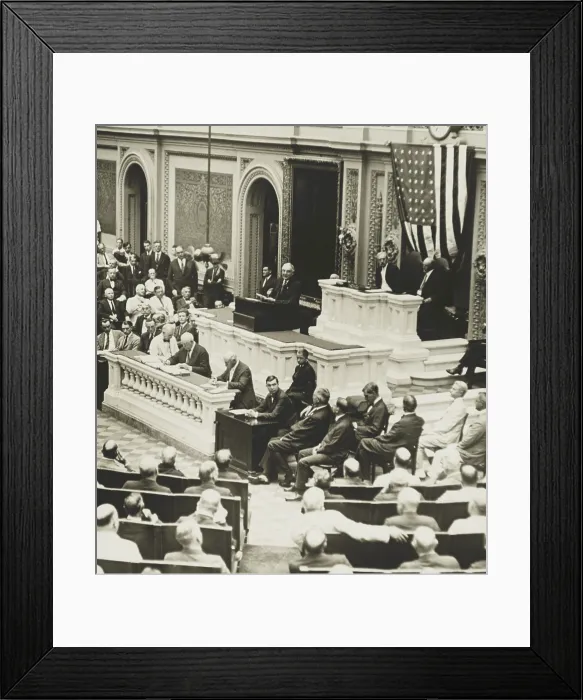 Framed Print : Warren Harding speaking in the House of Representatives, ca. 1920-21. Behind him, on the Speaker's rostrum are VP Thomas Marshall and House Speaker Frederick Gillett