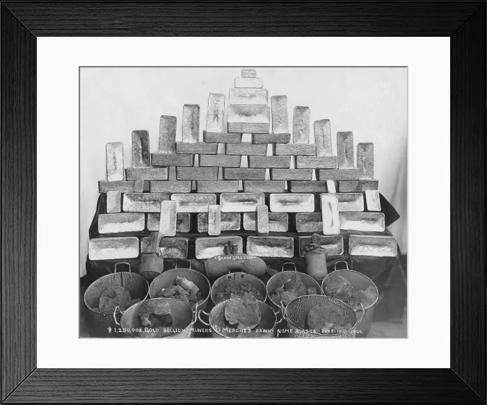 Framed Print : $1, 250, 000 in gold bullion at Miners and Merchants Bank in Nome Alaska, 1906. The Alaska Gold Rush increased U.S. reserves, allowing more money to circulate in the world economy