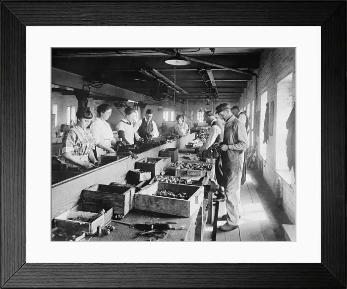 Framed Print : Men and Women working on an assembly line in the Express Spark Plug Co. Ca. 1920, in the Washington, D.C. area. (BSLOC_2015_16_229)