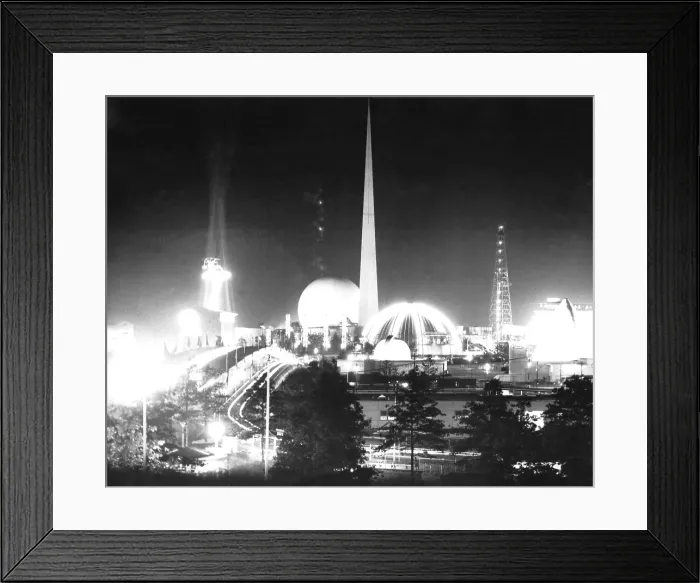 Framed Print : The World of Tomorrow, a night view of World's Fair, New York City. The Perisphere and Trylon were the signature monuments of the exhibition. 1939