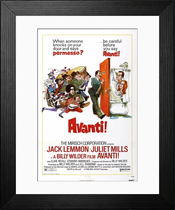 Framed Print : AVANTI!, center: Clive Revill, Jack Lemmon (second from right), Juliet Mills (far right) on poster art, 1972