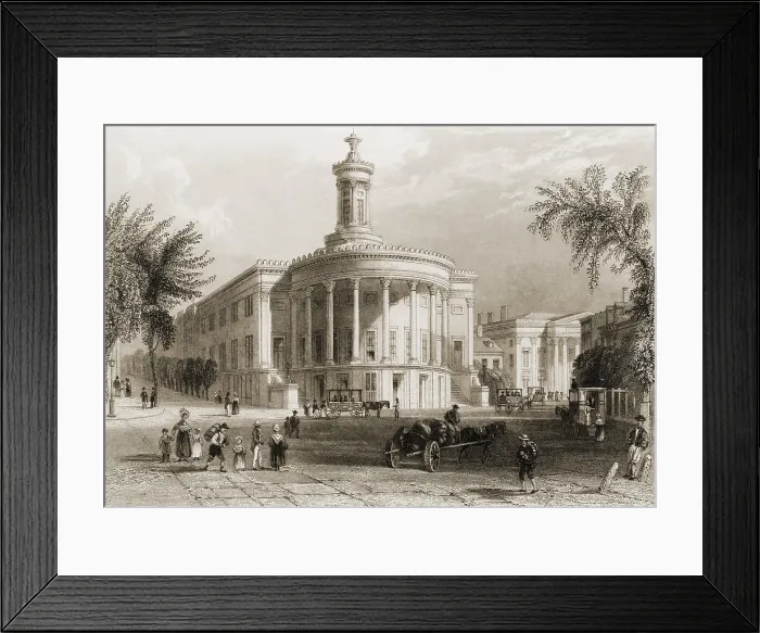 Framed Print : The Exchange and Girards bank in Philadelphia, 1839. In 1831, architect William Strickland designed the new Philadelphia Merchant's Exchange (center)