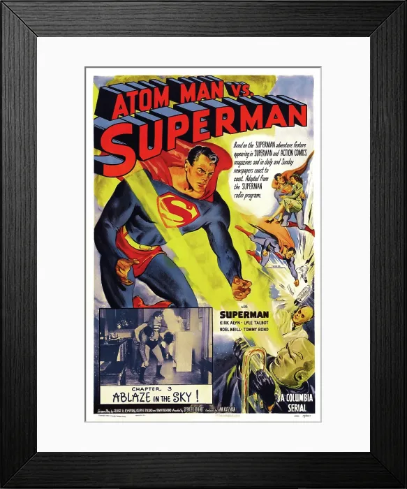 Framed Print : ATOM MAN VS. SUPERMAN, inset: Kirk Alyn in Chapter 3-Ablaze In The Sky!, poster art, 1950