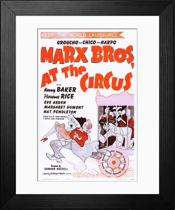 Framed Print : AT THE CIRCUS, Marx Brothers l-r: Harpo Marx, Chico Marx, Groucho Marx on poster art, 1939