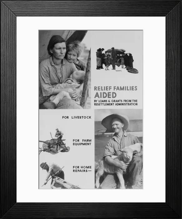 Framed Print : United States Resettlement Administration posters promotes its relief services to farmers using Dorothea Lange's classic MIGRANT MADONNA photo Framed Print : United States Resettlement Administration posters promotes its relief services to farmers using Dorothea Lange's classic MIGRANT MADONNA photo