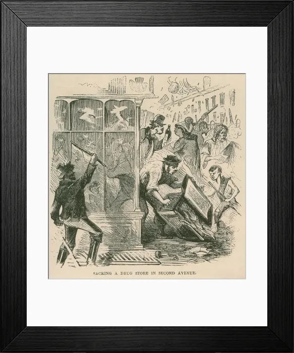 Framed Print : Mob looting of a drug store on Second Avenue during Draft Riots in New York City of July 13-16, 1863